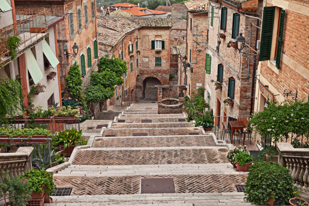 Corinaldo, Ancona, Marche, Italy: the long staircase in the downtown of the beautiful ancient Italian village