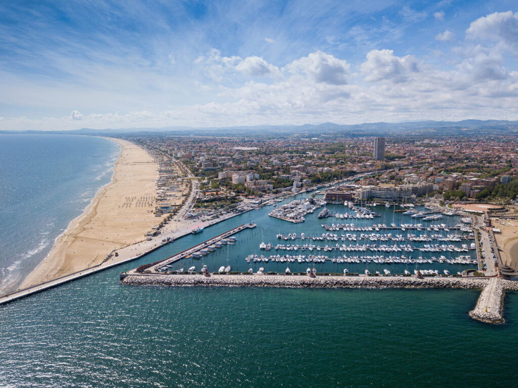 An aerial view of the Romagna coast with the beaches of Riccione, Rimini and Cattolica