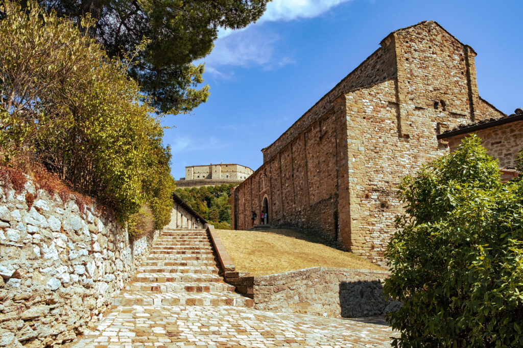 View of the old church of San Leo village in Emilia Romagna region, Italy