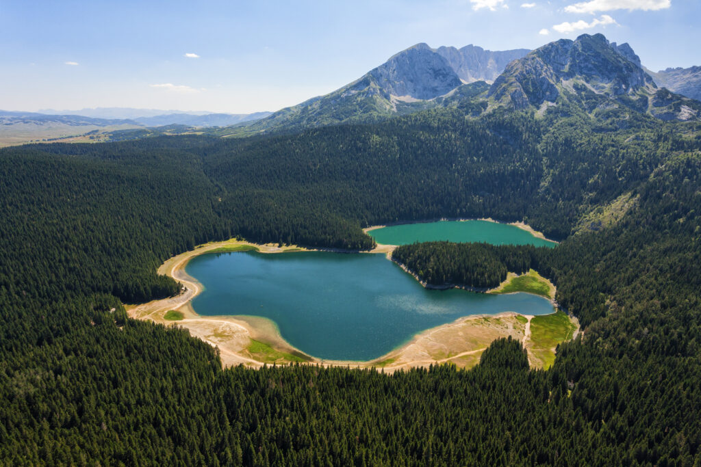 Aerial photo of the glacial lake framed with the high forest, located below Durmitor mountain massif. Black Lake (Crno jezero) is the most popular tourist attraction of Durmitor area, consists of two smaller lakes, Large lake (Veliko jezero) and Small lake (Malo jezero). National Park Durmitor was listed by UNESCO as a World Heritage. Photo was taken from the helicopter.