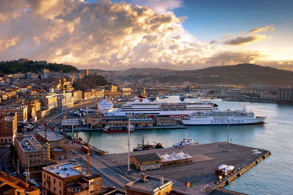 Ancona, Marche, Italy - March 11, 2006: Panoramic view of Port of Ancona in Sunset beautiful light from the Panoramic point in front of the Cathedral of Saint Ciriaco