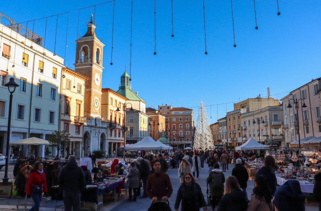 Rimini, Italy - November 26, 2023: Christmas markets in the city of Rimini with people walking (Emilia Romagna, Italy)