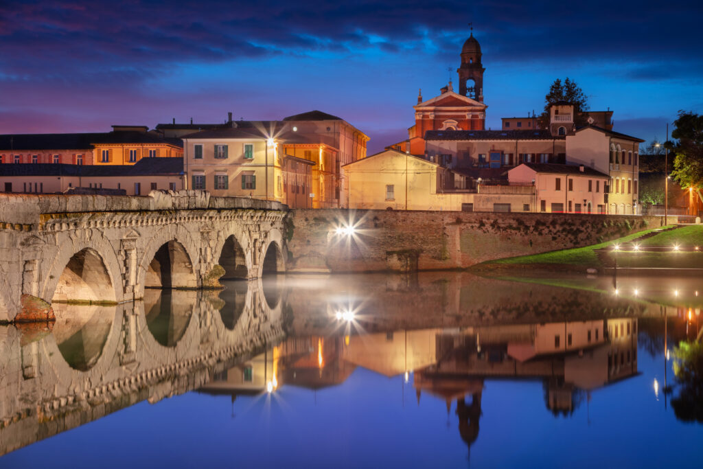 Cityscape image of historical center of Rimini, Italy at sunrise.