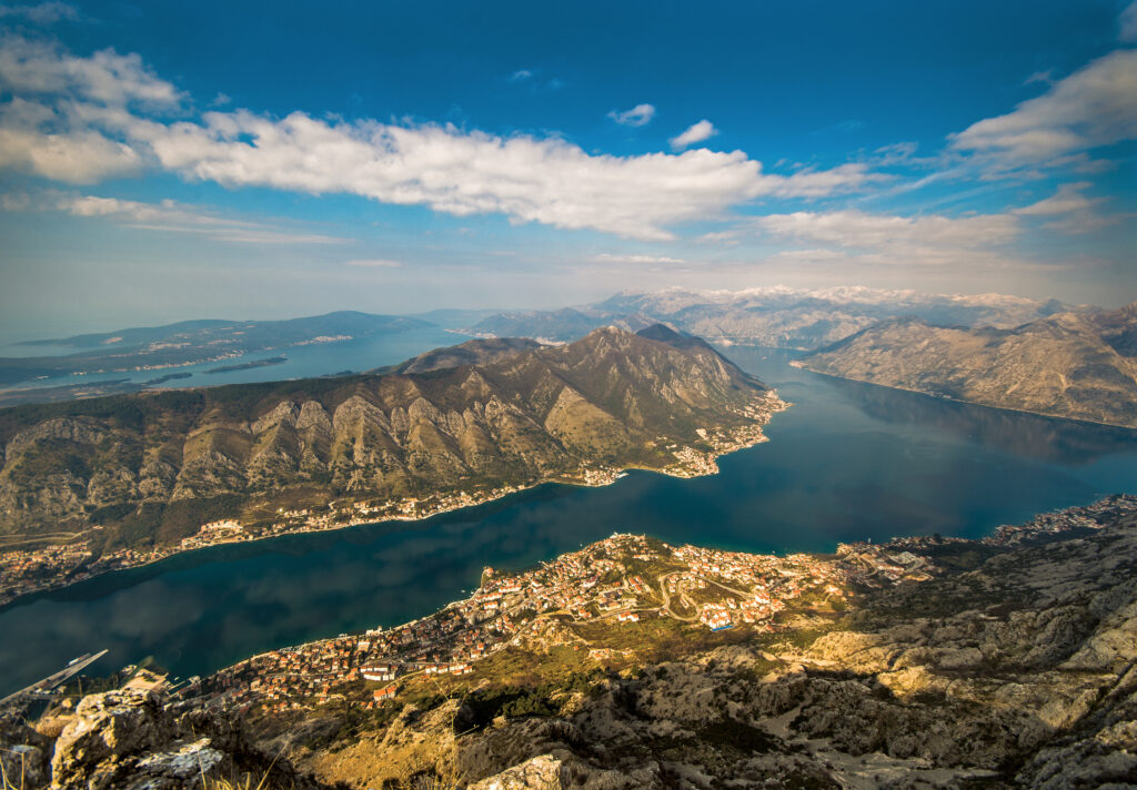 Landscape of Bay of Kotor. The Old town of Kotor, and places of Kotor Riviera, Tivat and Herceg Novi. Municipalities and very entrance to the bay visible.