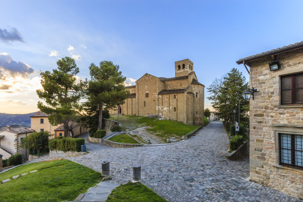 The medieval village of San Leo, perched on a rocky outcrop. Emilia Romagna, Italy