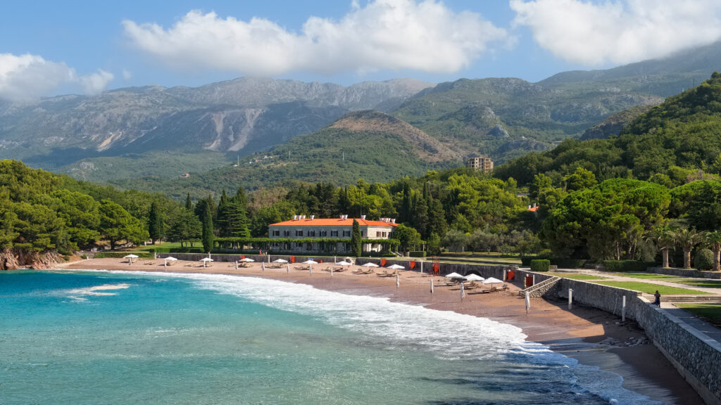 Montenegro, Przno - August 12, 2017: View of the beaches and four-star hotel Kraljicina Plaza near the island of Sveti Stefan